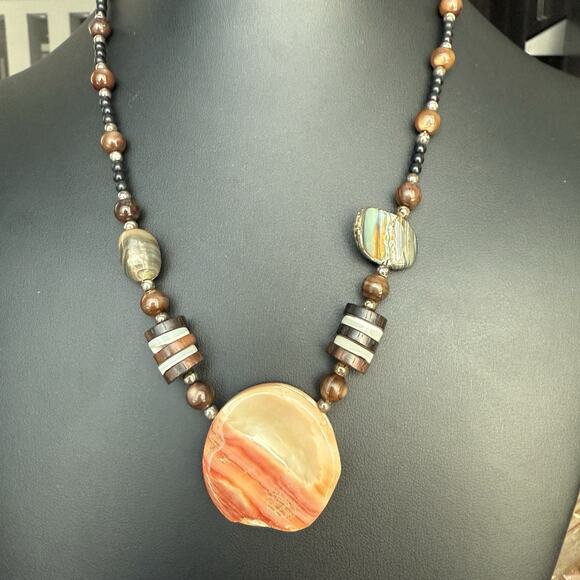 Shell Pendant Necklace Reversible Abalone & Autumn Color Shell & Wooden Beads - Picture 1 of 7